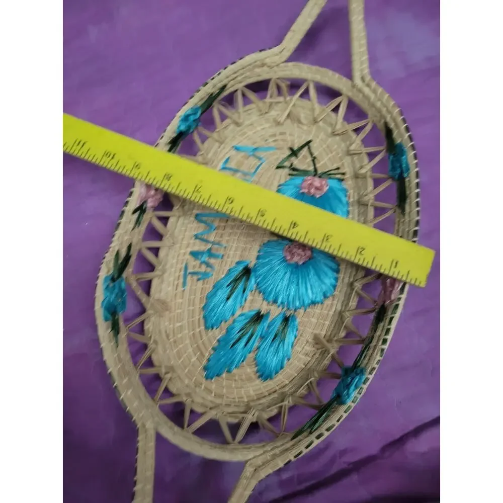 Vintage Woven Straw Oval Basket Tray w/Floral Embroidery & Handles Jamaica